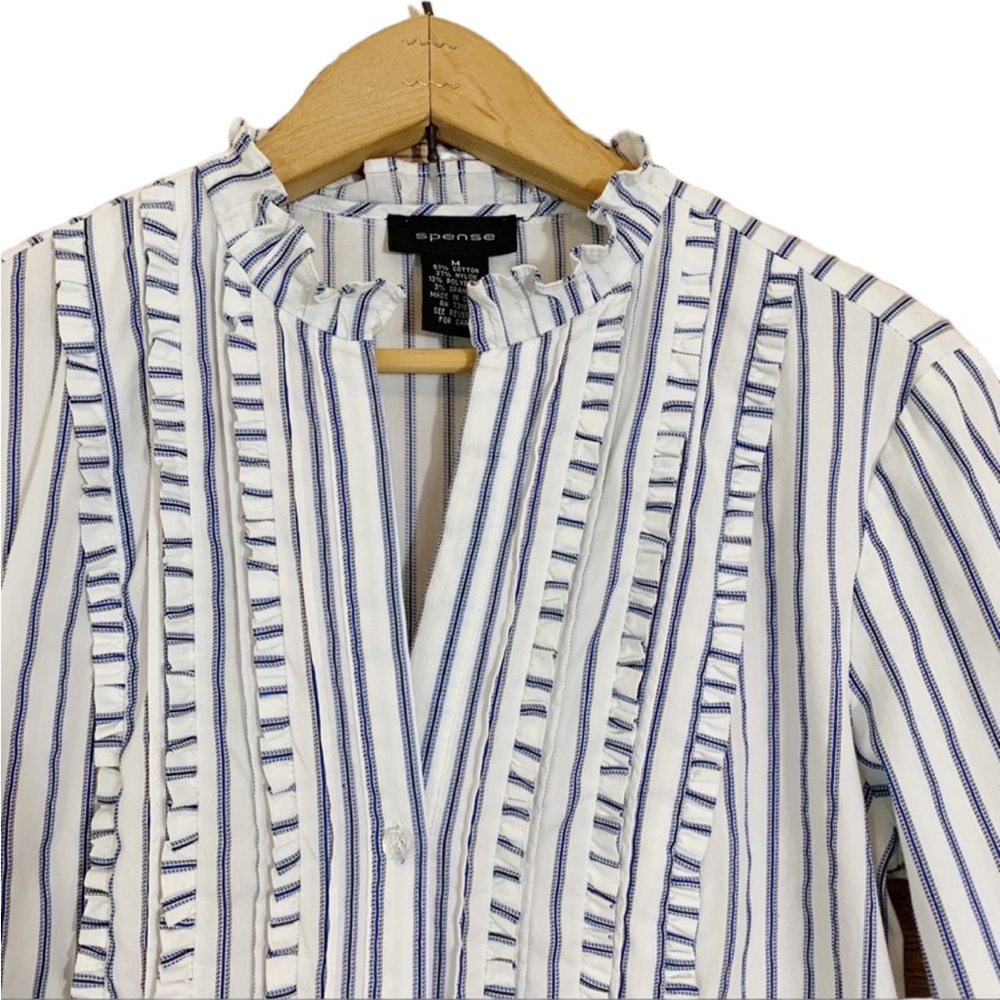 Spense White Blue Pinstripe Ruffle Button Front Blouse Elbow Sleeve - Picture 2 of 5